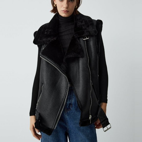 House Of Harlow 1960 Moto Faux Fur + Faux Leather Vest (Black) - Picture 2 of 16